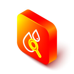 Poster - Isometric line Drop and magnifying glass icon isolated on white background. Orange square button. Vector