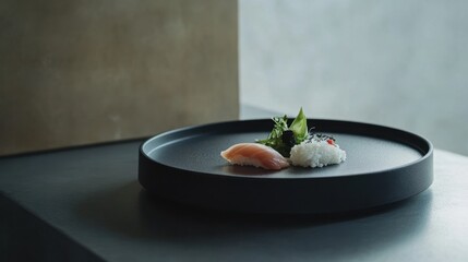 Wall Mural - Minimalist Sushi Arrangement on Black Ceramic Plate