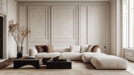 Poster - Stylish modern background featuring black wood molding panels, creating depth and sophistication in a minimalist room