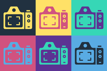 Poster - Pop art Photo camera icon isolated on color background. Foto camera. Digital photography. Vector