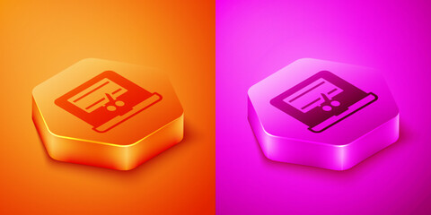 Poster - Isometric Video recorder or editor software on laptop icon isolated on orange and pink background. Video editing on a laptop. Hexagon button. Vector