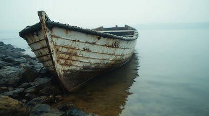 Naklejka na meble Weather-beaten boat sits on the rocky shore of a misty lake, evoking feelings of peace and solitude