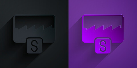 Poster - Paper cut Music wave equalizer icon isolated on black on purple background. Sound wave. Audio digital equalizer technology, console panel, pulse musical. Paper art style. Vector