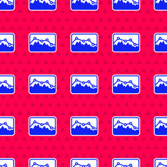 Poster - Blue Music wave equalizer icon isolated seamless pattern on red background. Sound wave. Audio digital equalizer technology, console panel, pulse musical. Vector