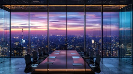 Poster - Modern boardroom with panoramic city sunset view.
