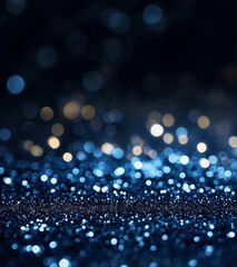 Wall Mural - black background with white glowing glitter, blue and silver color scheme, depth of field, blurred b