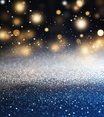 Wall Mural - black background with white glowing glitter, blue and silver color scheme, depth of field, blurred b