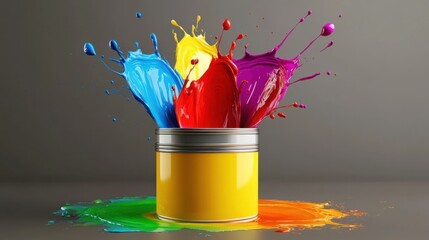 Poster - Colorful Paint Splashes from Open Can on Gray Background