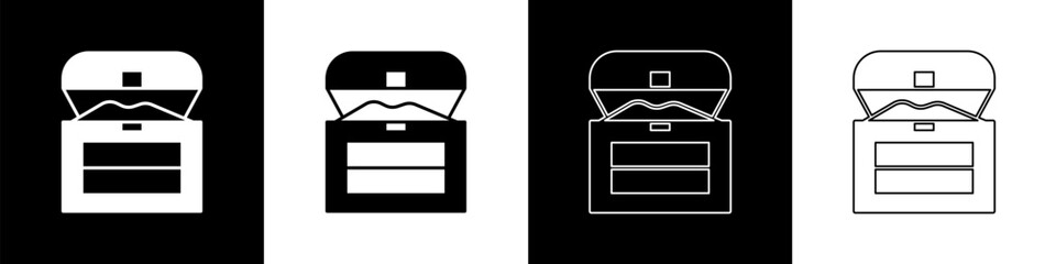 Poster - Set Antique treasure chest icon isolated on black and white background. Vintage wooden chest with golden coin. Vector