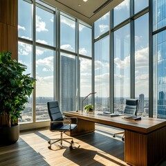 Poster - Sunlit modern office with panoramic city view, large windows, wooden desk, and comfortable executive chair.
