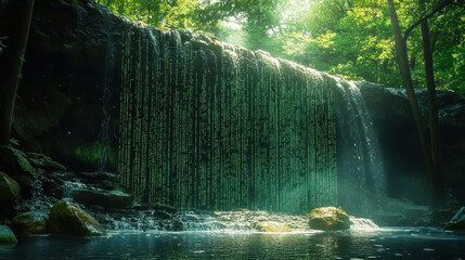 Poster - Digital Matrix Code Waterfalls with Green Binary Cascading Through Nature