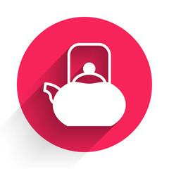 Poster - white kettle with handle icon isolated with long shadow background. teapot icon. red circle button. 