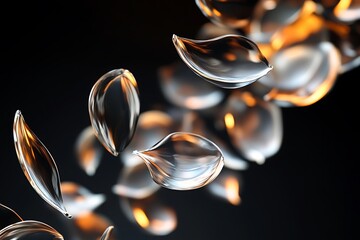 Poster - Abstract glass petals floating in dark background with warm light.