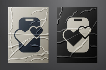 Poster - White Dating app online mobile concept icon isolated on crumpled paper background. Female male profile flat design. Couple match for relationship. Paper art style. Vector