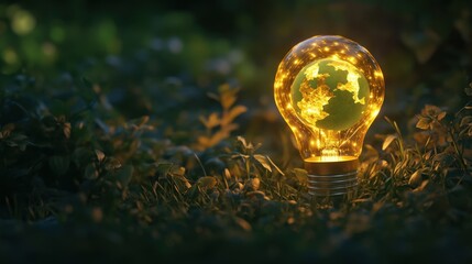 Poster - Light Bulb with Earth Inside Sparkling in Natural Greenery