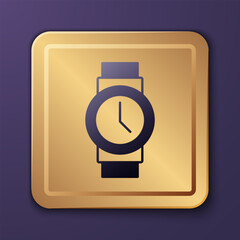 Poster - Purple Wrist watch icon isolated on purple background. Wristwatch icon. Gold square button. Vector