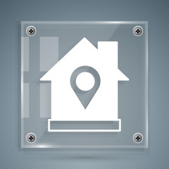 Poster - White Map pointer with house icon isolated on grey background. Home location marker symbol. Square glass panels. Vector