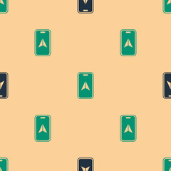 Poster - green and black infographic of city map navigation icon isolated seamless pattern on beige backgroun