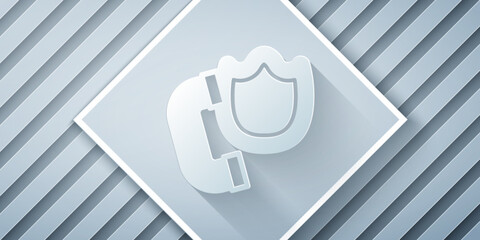 Aufkleber - Paper cut Telephone handset with security shield icon isolated on grey background. Phone sign. Paper art style. Vector