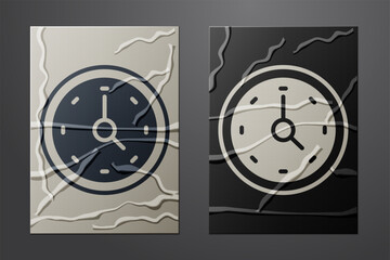 Poster - White Clock icon isolated on crumpled paper background. Time symbol. Paper art style. Vector