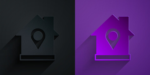 Poster - paper cut map pointer with house icon isolated on black on purple background. home location marker s