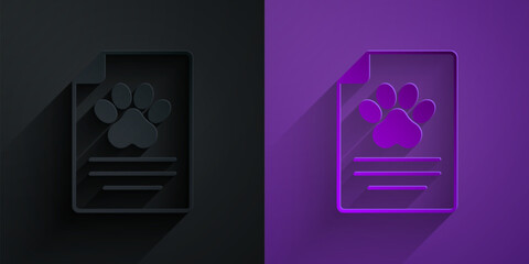 Poster - Paper cut Clipboard with medical clinical record pet icon isolated on black on purple background. Health insurance form. Medical check marks report. Paper art style. Vector