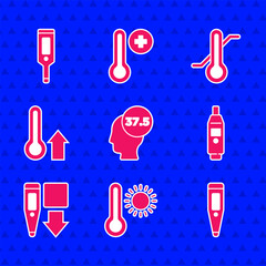 Poster - Set High human body temperature, Meteorology thermometer, Digital, and icon. Vector