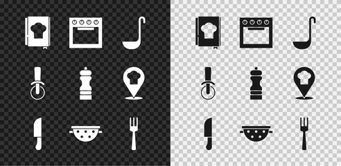 Poster - Set Cookbook, Oven, Kitchen ladle, Knife, colander, Fork, Pizza knife and Pepper icon. Vector