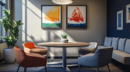 Poster - Modern office meeting room with colorful chairs, artwork, and natural light.