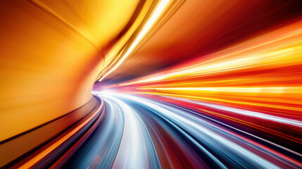 Poster - dynamic motion blur of lights in tunnel, showcasing vibrant colors and speed, creating energetic and
