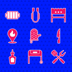 Sticker - Set Oven glove, Barbecue grill, Crossed fork and spatula, knife, Sauce bottle, Location with fire flame, BBQ brazier and icon. Vector