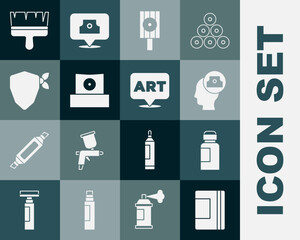Poster - Set Spiral notebook, Paint, gouache, jar, dye, Spray can nozzle cap, Vandal, brush and Speech bubble with text art icon. Vector