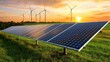 © DC Stocker - Environmental Consideration Concept. Solar panels and wind turbines at sunset in a green field.
