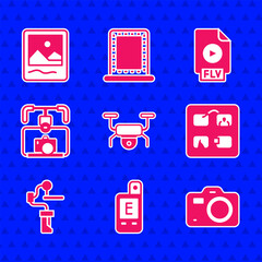 Poster - Set Drone flying, Light meter, Photo camera, Storyboard, Gimbal stabilizer for, with, FLV file document and frame icon. Vector
