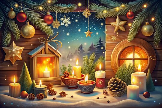 christmas tree with candles and gifts Merry Christmas And Happy New Year
