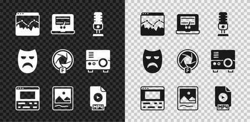 Poster - Set Music wave equalizer, Video recorder on laptop, Microphone, Photo frame, MP4 file document, Drama theatrical mask and Camera shutter icon. Vector