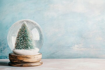 Wall Mural - A Christmas tree ornament on a blurred pastel blue background. A festive Xmas banner with a snow globe. A New Year theme for greeting cards.