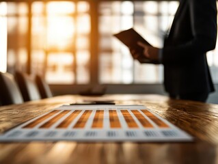 Wall Mural - A silhouette of a person holding a tablet stands near a table with charts, illuminated by warm sunlight streaming through large windows.