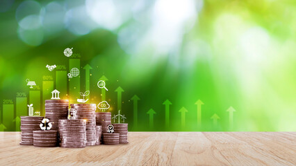 ESG concept, Investment Ideas Business Growth. Stack of coins with digital graph, Green business growth. Finance sustainable development. Investing in renewable energy crucial for future.