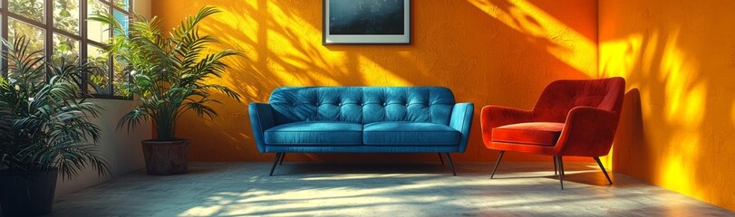 Poster - This current cartoon drawing portrays the inside of a living room with a sofa, a lamp on a table, picture frames adorning the walls, a rug on the floor, and morning sunlight filtering through the