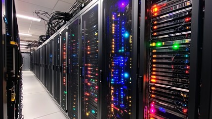 Poster - modern data center illuminated with colorful lights showcasing advanced server technology and organi