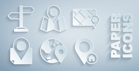 Poster - set location on the globe, gps device with map, folded location marker, house, and road traffic sign
