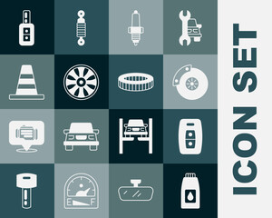 Poster - Set Canister for motor machine oil, Car key with remote, brake disk caliper, spark plug, Alloy wheel car, Traffic cone, and air filter icon. Vector