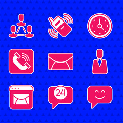 Poster - Set Mail and e-mail, Telephone 24 hours support, Smile face, Employee, handset, Clock and hierarchy icon. Vector