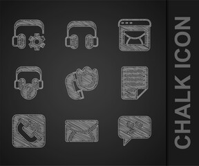 Poster - Set Telephone handset with shield, Mail e-mail, Sad smile, File document, Headphones question, and Headphoneswith settings icon. Vector