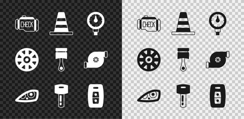 Poster - Set Check engine, Traffic cone, Tire pressure gauge, Car headlight, key with remote, Alloy wheel for car and Engine piston icon. Vector