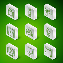 Poster - set line carpet with barriers, director movie chair, retro tv, cinema camera, play video, usb flash 