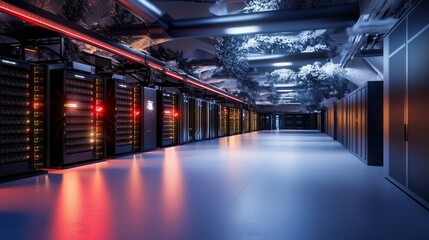 Poster - High-tech data center with advanced server racks illuminated in dim light during nighttime operations