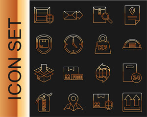 Poster - Set line This side up, Delivery with cardboard boxes, Hangar, Envelope magnifying glass, Fast time delivery, pack security shield, and Weight icon. Vector