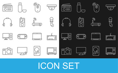 Poster - Set line Microwave oven, Keyboard, Microphone, Wireless computer mouse, Music player, Headphones, Radio with antenna and Router and wi-fi signal icon. Vector